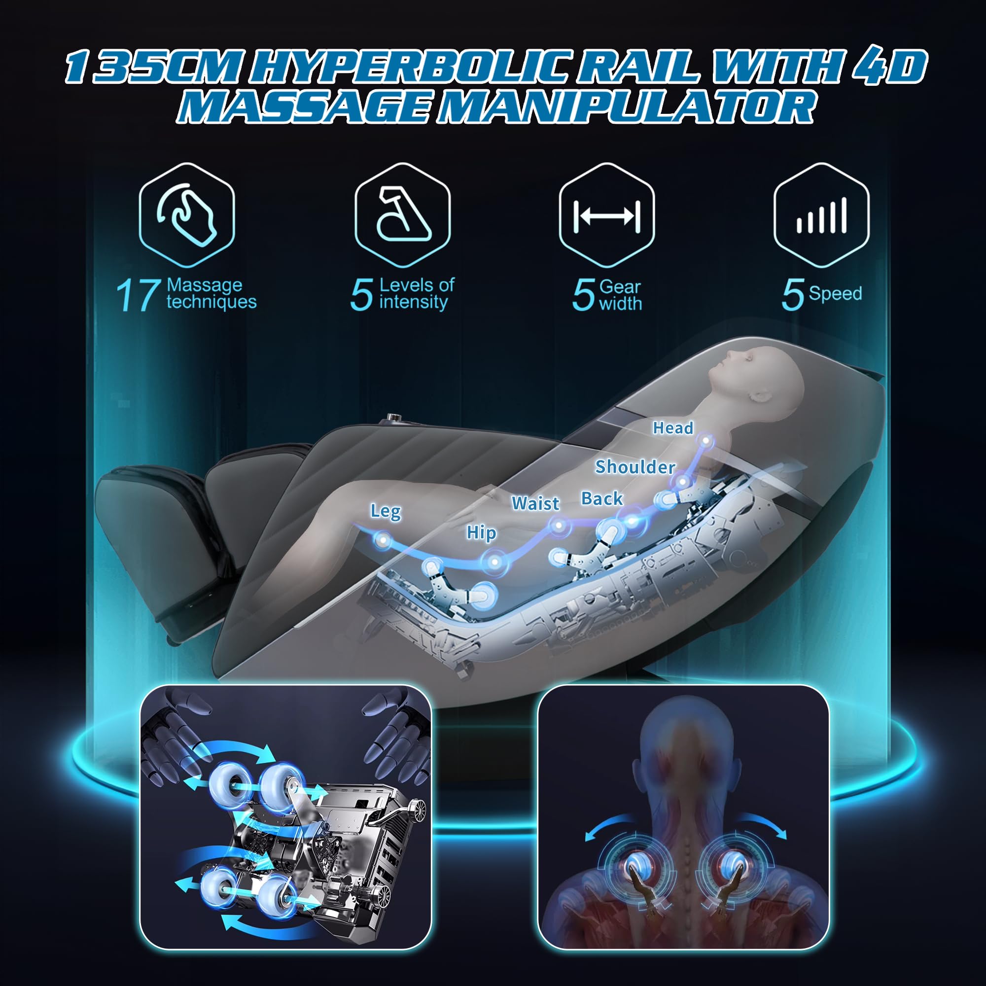 HealthRelife Business Class Massage Chair, Full Body Massage with Body Scan, Shiatsu, Automatic Calf Support Extension and Calf Kneading Massage (Black-Gray)